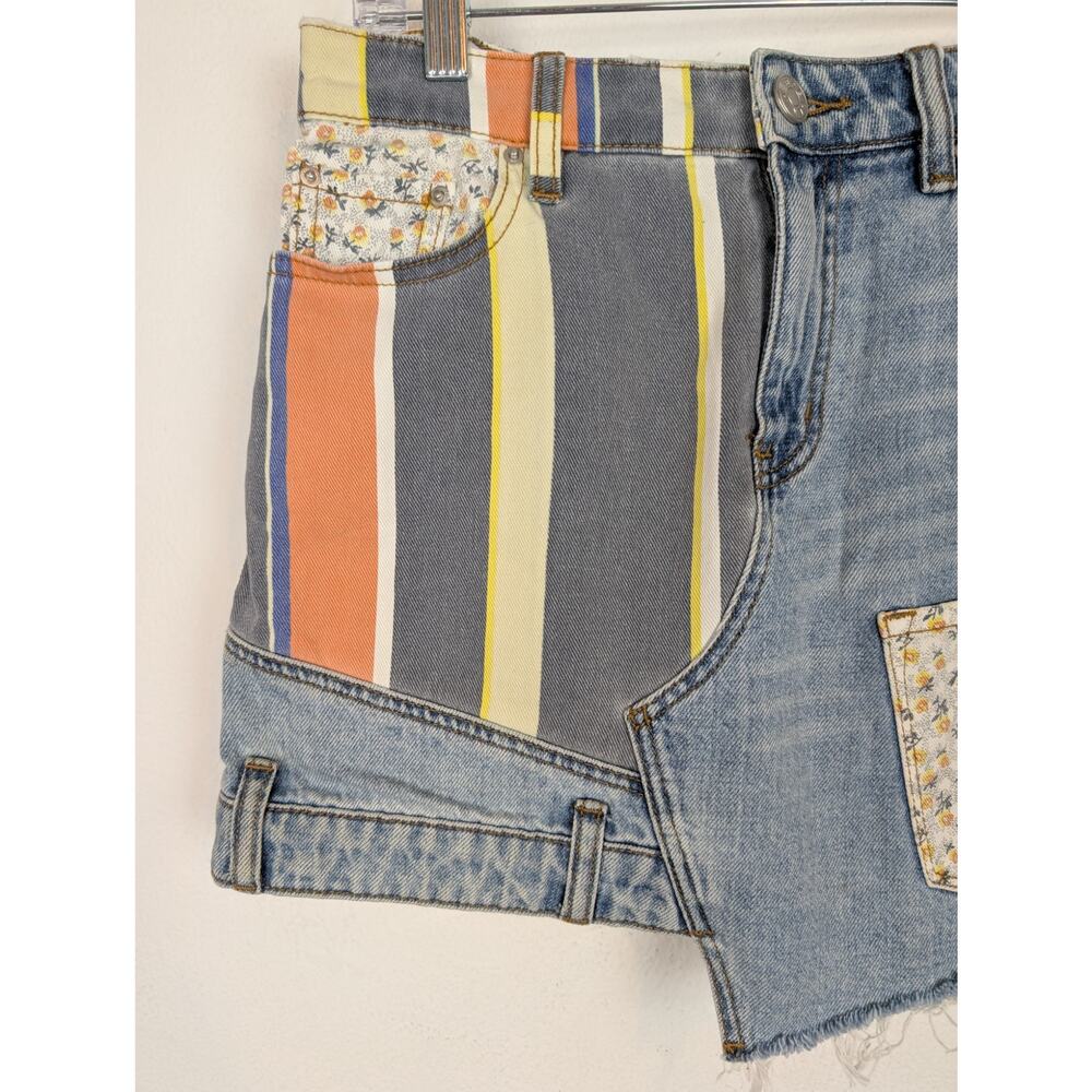 BDG Skirt Striped Patchwork Denim Asymmetrical Floral Boho Festival Blue Size M - Picture 6 of 14